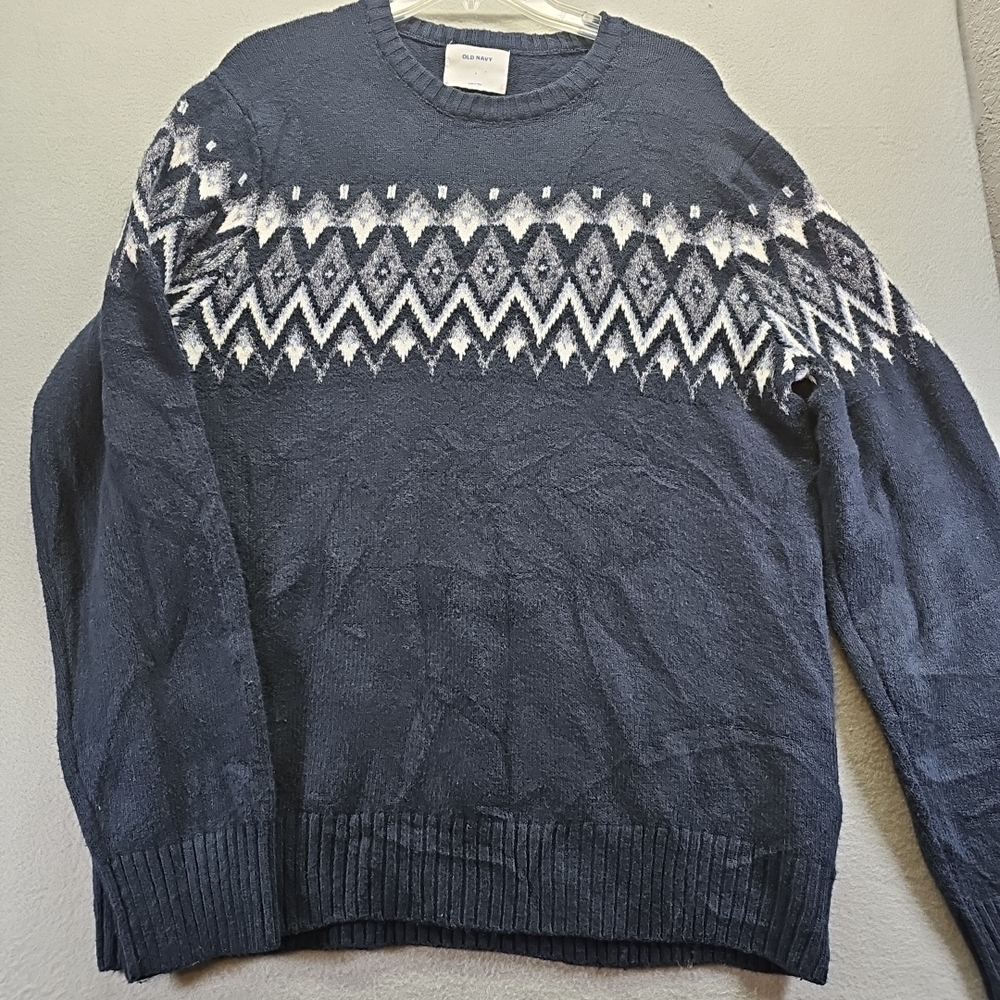 Old Navy Men's Navy Blue Patterned Sweater Size L